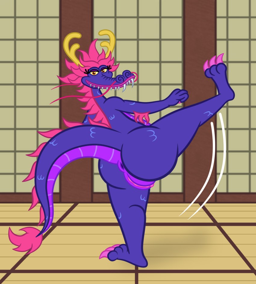 anthro anus big_butt butt detailed_background dojo female genitals inside kick looking_at_viewer martial_arts purple_body pussy solo tail tail_anus whiskers sharkinwaves despicable_me illumination_entertainment mythology belle_bottom_(minions) dragon eastern_dragon mythological_creature mythological_scalie scalie hi_res