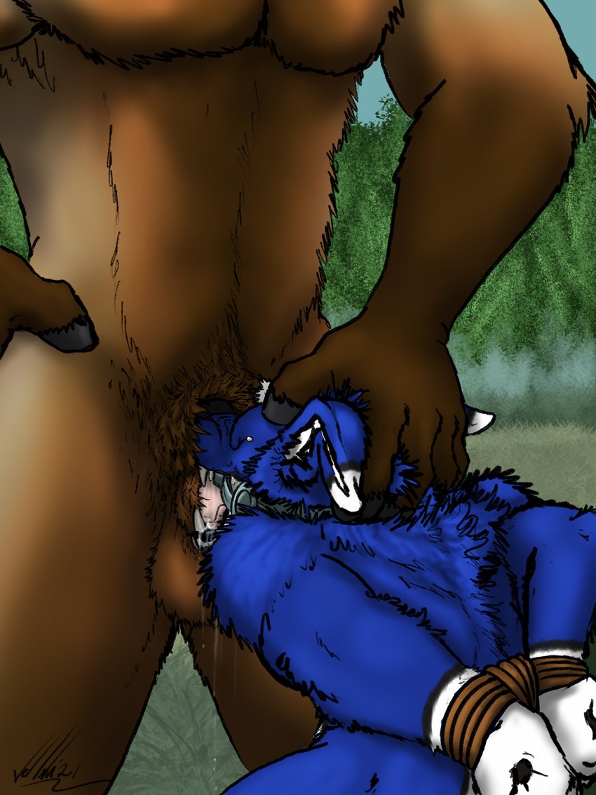 ambiguous_gender anthro anthro_on_anthro anthro_penetrated anthro_penetrating anthro_penetrating_anthro anthro_penetrating_male balls balls_deep bdsm blue_body blue_fur bodily_fluids bondage bound deep_throat duo eyes_watering forced forced_oral fur gag genitals hand_on_head hands_behind_back hands_tied male male/male male_on_anthro male_penetrated male_penetrating male_penetrating_male oral oral_penetration oral_speculum outside penetration rape_play restraints ring_gag rope rope_bondage saliva saliva_string sex spreader_gag tears teeth tongue vellum bloudin_(whatisdamatter) canid canine canis cervine deer elk mammal wolf 3:4 absurd_res hi_res