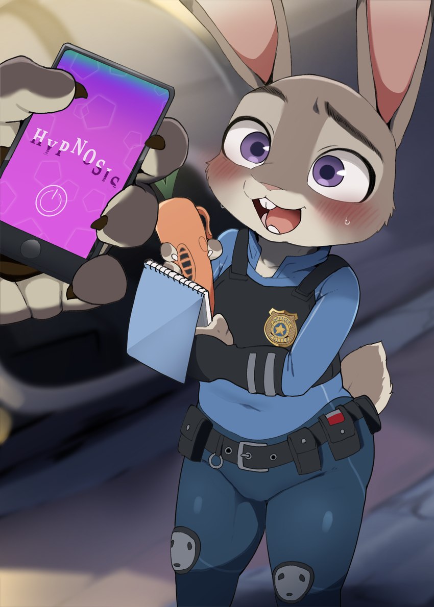 ambiguous_gender anthro biped blush bodily_fluids buckteeth carrot_pen clothed clothing detailed_background duo electronics female fur grey_body grey_fur grey_tail holding_object holding_phone imminent_hypnosis open_mouth phone purple_eyes short_tail sweat tail teeth writing_text dagasi disney zootopia judy_hopps european_rabbit lagomorph leporid mammal oryctolagus rabbit 2024 hi_res