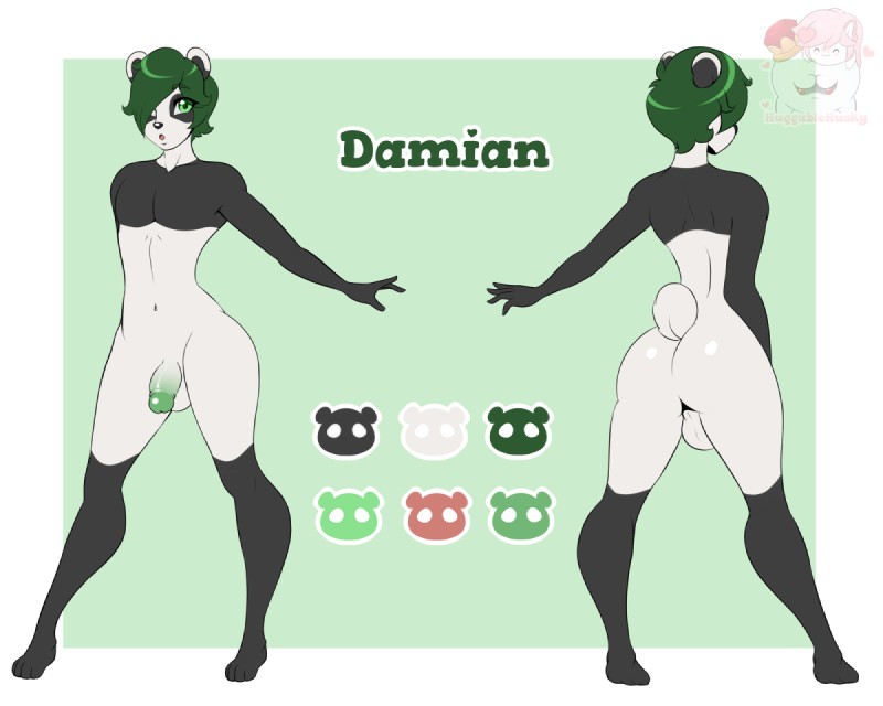 5_fingers anthro beanie biped clothing femboy fingers genitals green_hair green_penis hair hat headgear headwear humanoid_genitalia humanoid_penis long_hair male nude penis solo standing text huggablehusky bear giant_panda mammal damian_(disambiguation) 5:4 character_name digital_media_(artwork) model_sheet