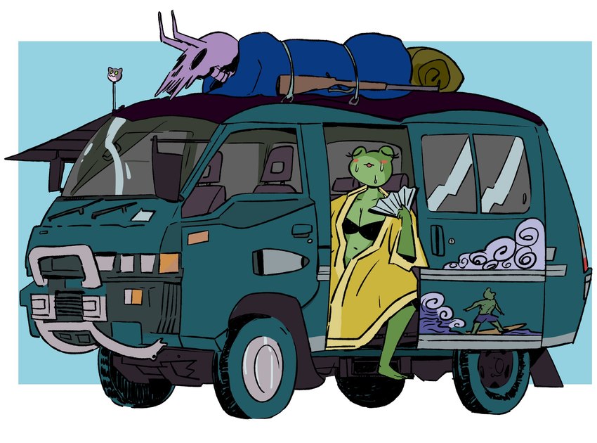 anthro bathrobe blush bodily_fluids bone bra breasts car chair clothing eyes_closed female furniture gun hand_fan inside_car inside_vehicle medium_truck navel open_mouth ranged_weapon recreational_vehicle rifle robe skull sleeping_bag sliding_door solo sweat truck_(vehicle) underwear van vehicle weapon sonnytherat mitsubishi amphibian frog hi_res