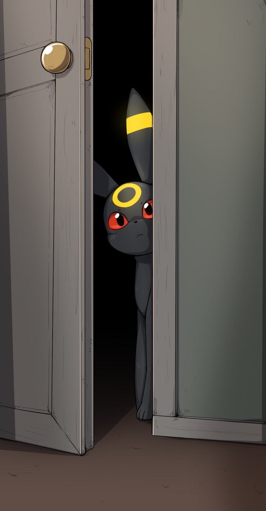 ambiguous_gender bioluminescence black_body black_fur door doorknob feral fur glowing inside looking_at_viewer open_door quadruped red_eyes solo yellow_body yellow_fur otakuap nintendo pokemon eeveelution generation_2_pokemon pokemon_(species) umbreon 2023 absurd_res hi_res shaded