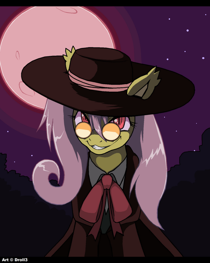 black_bars female grin moon red_eyes red_moon ribbons smile smiling_at_viewer solo droll3 friendship_is_magic hasbro hellsing hellsing_ultimate my_little_pony vampire_hunter alucard_(hellsing) flutterbat_(mlp) fluttershy_(mlp) bat_pony equid equine horse mammal pony vampire crossover hi_res letterbox