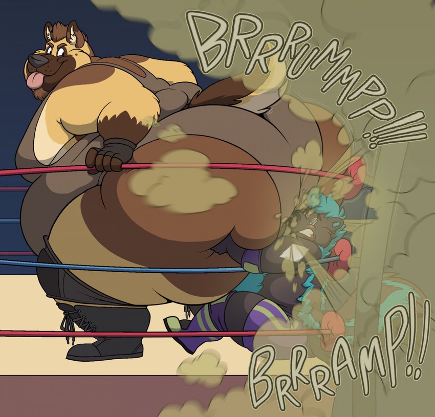 anthro belly big_butt big_moobs black_body black_fur blue_body blue_fur bodily_noises brown_body brown_fur butt butt_grab butt_in_face butt_smother chubby_cheeks dizzy duo facial_hair fart fart_cloud fart_fetish fart_sniffing farting_on_face fighting_ring fur gas goatee hand_on_butt huge_butt huge_thighs looking_at_another looking_back looking_pleasured male male/male moobs morbidly_obese multicolored_body multicolored_fur obese overweight overweight_male playful presenting presenting_hindquarters public raised_tail size_difference size_play slightly_chubby slightly_chubby_anthro slightly_chubby_male smashing smothering sniffing sound_effects squish tail tan_body tan_fur thick_thighs tongue tongue_out unconscious wide_hips wrestling wrestling_outfit slushbear canid canine canis domestic_dog german_shepherd herding_dog mammal mephitid pastoral_dog skunk hi_res nonbinary_(lore)