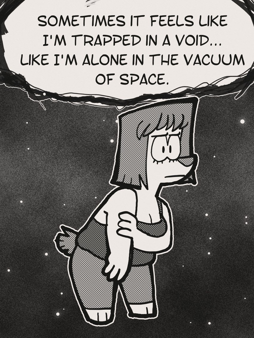 anthro anxiety cosmic_background depression female solo space space_background text galactabee nikki_(galactabee) canid canine canis domestic_dog mammal 3:4 comic english_text greyscale hi_res monochrome