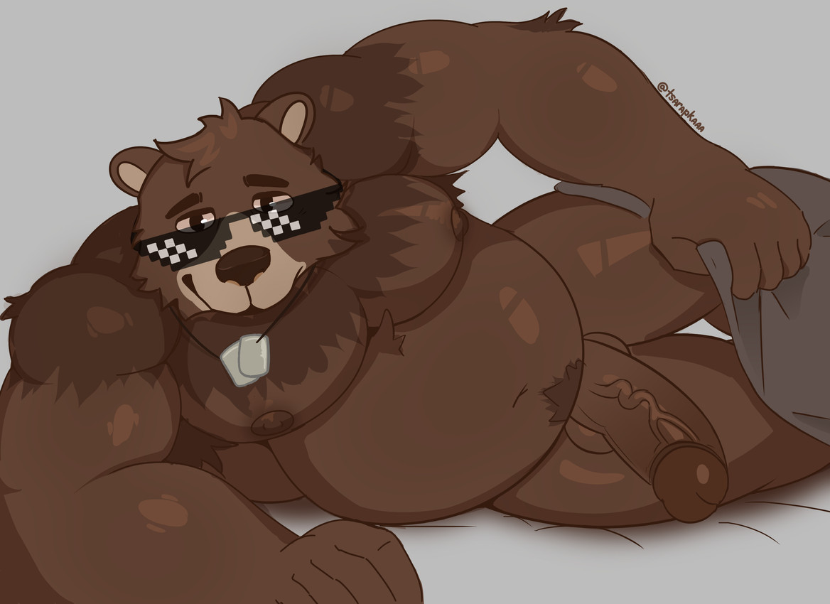 anthro balls bed bed_covers bedding belly big_belly big_penis black_eyewear black_glasses bottomless bottomless_anthro brown_body brown_fur clothed clothing erection eyewear fur furniture genitals glans glasses looking_at_viewer male nipples nude pecs penis simple_background smile solo text vein veiny_penis wearing_glasses tsarapkaaa dion_(empizd) bear mammal artist_name colored hi_res signature