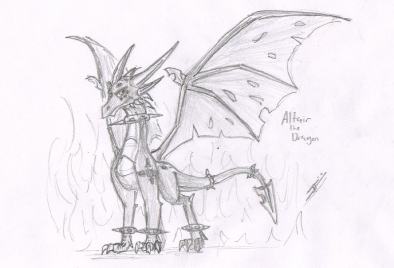 ambiguous_gender armor claws collar digitigrade feral fire horn looking_at_viewer membrane_(anatomy) membranous_wings solo tail wings altair_the_dragon mythology altair dragon mythological_creature mythological_scalie scalie monochrome sketch