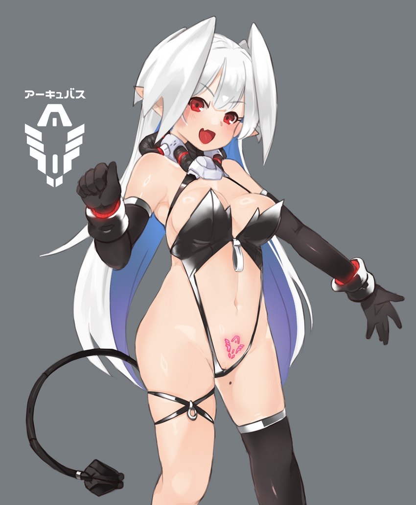 blush breasts clothed clothing fangs female hair legwear looking_at_viewer navel open_mouth pubic_tattoo simple_background skimpy smile swimwear tail tattoo teeth text thigh_highs underwear womb_tattoo naik demon demon_humanoid humanoid digital_media_(artwork) hi_res