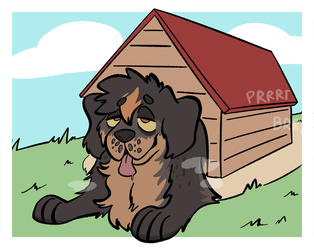 ambiguous_gender doghouse fart fart_cloud feral fur grass nude outside plant solo tongue tongue_out kibblekritterz korwin canid canine canis domestic_dog mammal molosser mountain_dog saint_bernard hi_res