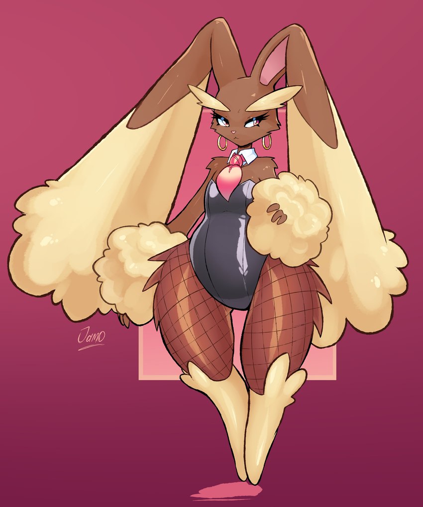 anthro big_ears biped breasts bunny_costume clothing costume digitigrade ear_piercing eye_makeup female fishnet_clothing fishnet_legwear legwear makeup necktie piercing pink_necktie small_breasts solo jamoart nintendo pokemon generation_4_pokemon lopunny pokemon_(species) 2024 absurd_res hi_res