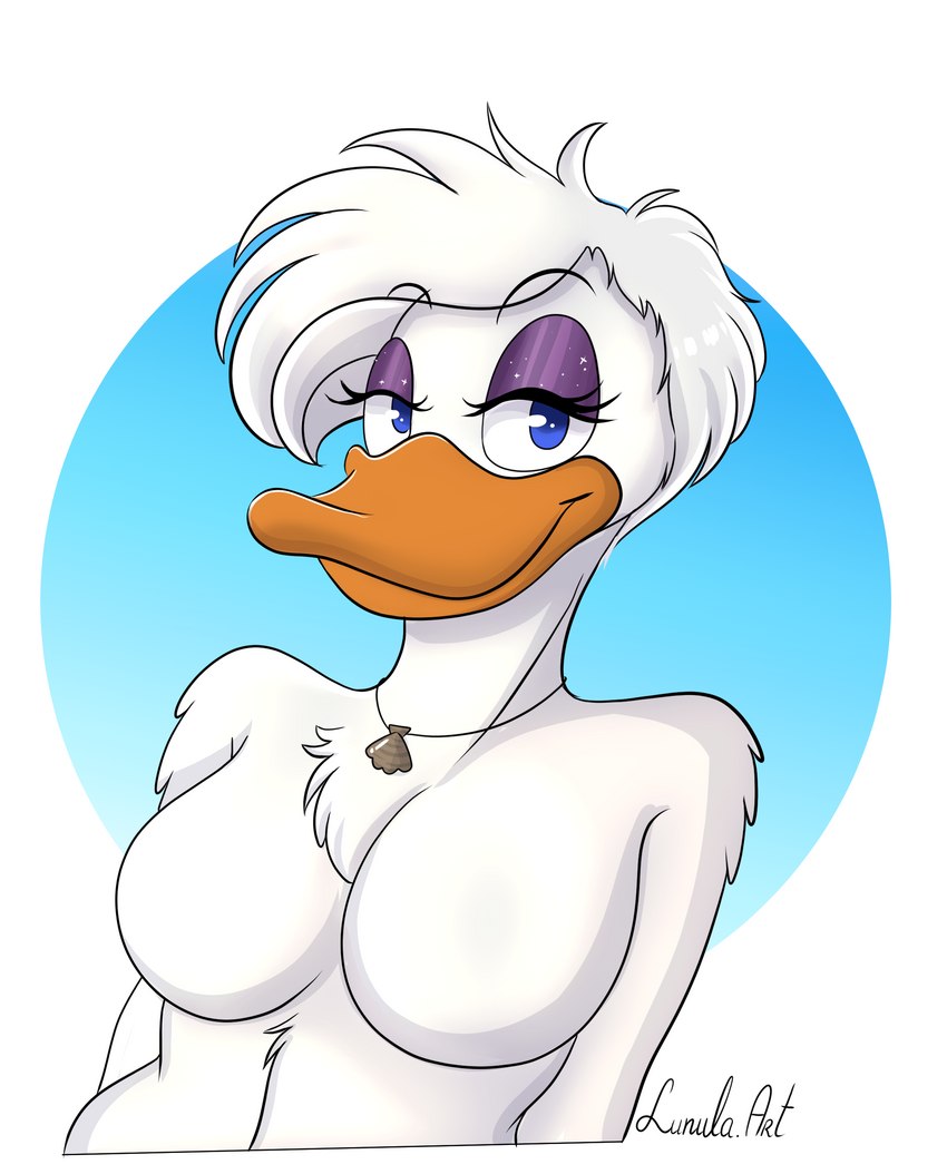 anthro big_breasts breasts casual_nudity featureless_breasts female half-closed_eyes jewelry looking_at_viewer narrowed_eyes necklace necklace_only non-mammal_breasts nude relaxation relaxed_expression relaxing seashell_necklace smile solo lunula_(artist) disney ducktales quack_pack daisy_duck anatid anseriform avian bird duck absurd_res hi_res