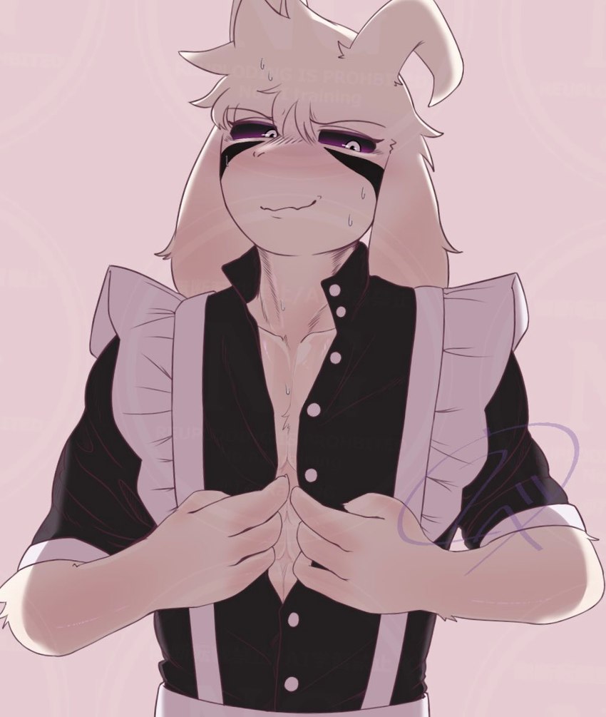 2_horns 4_fingers abs anthro backlighting black_sclera blush bodily_fluids clothed clothing collarbone fingers fur horn light long_ears maid_uniform male open_clothing open_topwear pecs simple_background solo sweat topwear uniform white_background white_body white_fur tesran29g undertale undertale_(series) asriel_dreemurr_(god_form) boss_monster_(undertale) bovid caprine goat mammal 2024 digital_drawing_(artwork) digital_media_(artwork) half-length_portrait lighting portrait signature watermark