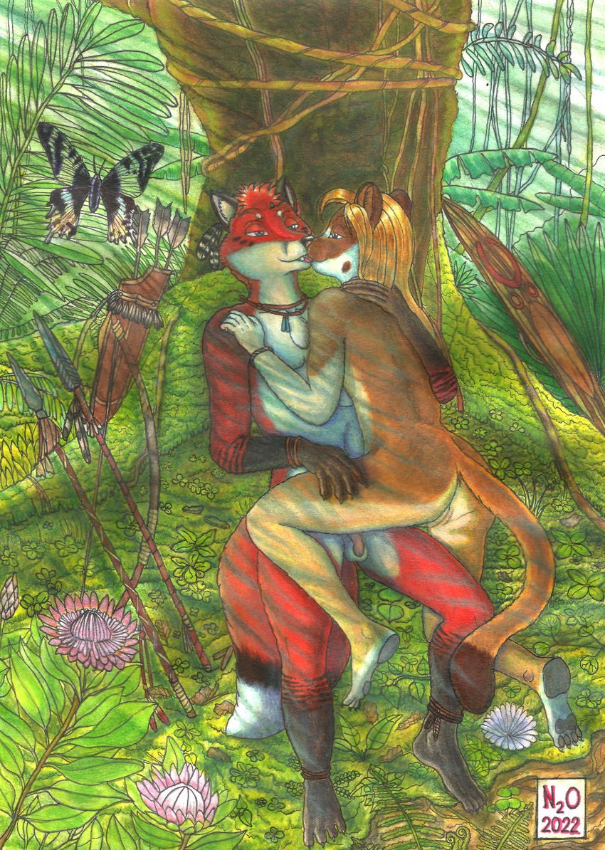 4_toes anthro anthro_on_anthro detailed_background duo feet female flaccid forest genitals humanoid_genitalia humanoid_penis jungle male male/female melee_weapon nude penis plant polearm pussy romantic romantic_couple shield spear toes tree tribal weapon n2o aleutia kalahari_(character) ambient_arthropod ambient_butterfly ambient_insect arthropod butterfly canid canine fox insect lepidopteran mammal mustelid musteline true_musteline weasel 2022 hi_res traditional_media_(artwork)