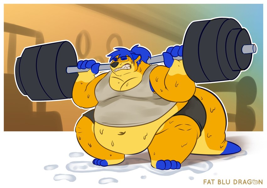 anthro athletic_wear belly bodily_fluids clothing exercise holding_dumbbell holding_object male morbidly_obese musclegut muscular musk navel obese overweight overweight_male shirt solo sweat tank_top topwear weightlifting workout fatbludragon tigerthemeerkat herpestid mammal meerkat hi_res