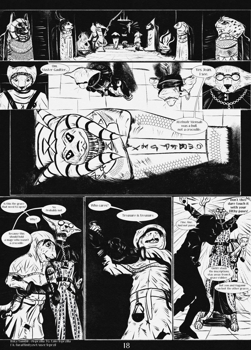 7_panel_comic anthro armor biped black_eyes black_nose clothed clothing coffin dialogue ellipsis eyebrows eyewear fingers glasses group high-angle_view holding_object hood looking_at_another male medieval open_mouth page_number question_mark sculpture sharp_teeth speech_bubble standing statue tail talking_to_another teeth text tomb tongue torch warrior white_sclera leprzil canid canine canis domestic_cat domestic_dog felid feline felis gulonine mammal marten murid murine mustelid musteline oriental_shorthair rat rodent 2025 comic english_text hi_res monochrome