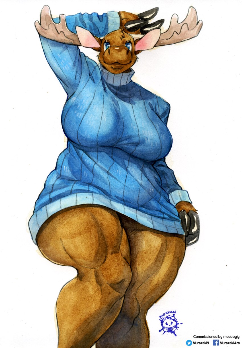 anthro antlers bent_arm big_breasts big_iris biped black_claws black_text blue_clothing blue_eyes blue_sweater blue_topwear bottomless bottomless_anthro bottomless_female breasts brown_body brown_ears brown_eyelids brown_fur cheek_tuft claw_fingers claws closed_smile clothed clothing dark_clothing dark_ears eyelashes eyelids facebook_logo facial_tuft female front_view fur fur_tuft glistening glistening_claws glistening_eyelids glistening_eyes hand_above_head head_tuft horn huge_breasts iris legs_together light_body light_clothing light_fur light_inner_ear light_sweater light_topwear logo looking_at_viewer monotone_body monotone_fur mouth_closed muscular muscular_anthro muscular_female muscular_thighs pink_inner_ear pose pupils quads simple_background smile smiling_at_viewer snout solo standing sweater sweater_only tan_antlers text thick_thighs topwear topwear_only tuft turtleneck twitter_logo website_logo white_background murazaki facebook twitter gerry_(mcdoogiy) deer mammal moose new_world_deer 2024 absurd_res artist_logo artist_name english_text hi_res pinup portrait three-quarter_portrait traditional_media_(artwork) watercolor_(artwork)