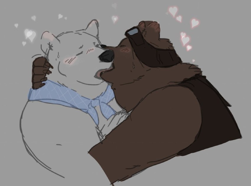 anthro black_nose blush brown_body duo ear_blush eyes_closed eyewear heart_symbol hug intimate kissing male male/male simple_background white_body mamenoko shirokuma_cafe grizzly_(shirokuma_cafe) shirokuma bear mammal polar_bear ursine 2023