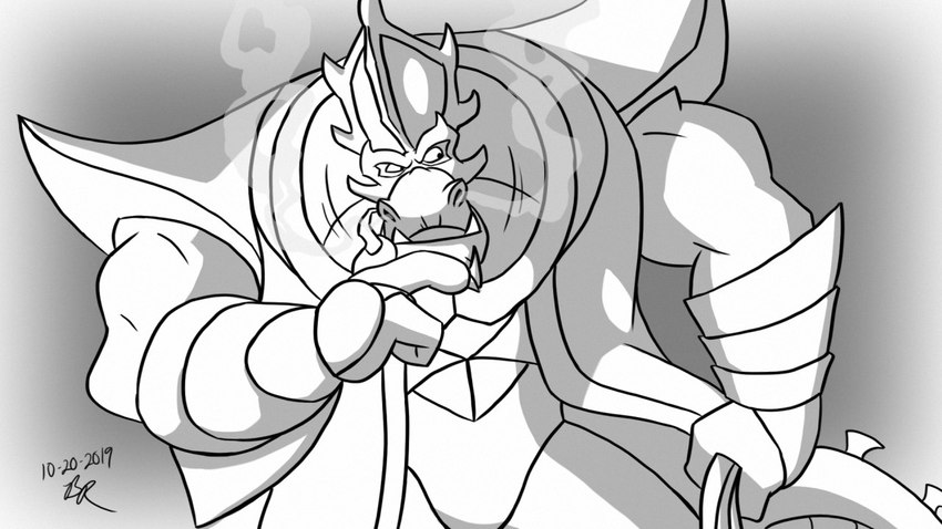 anthro biceps clothing looking_sideways male muscular muscular_anthro muscular_male solo steam teeth villainous gepredators disney mighty_ducks mythology lord_dragaunus dragon mythological_creature mythological_scalie reptile scalie 16:9 2019 monochrome widescreen