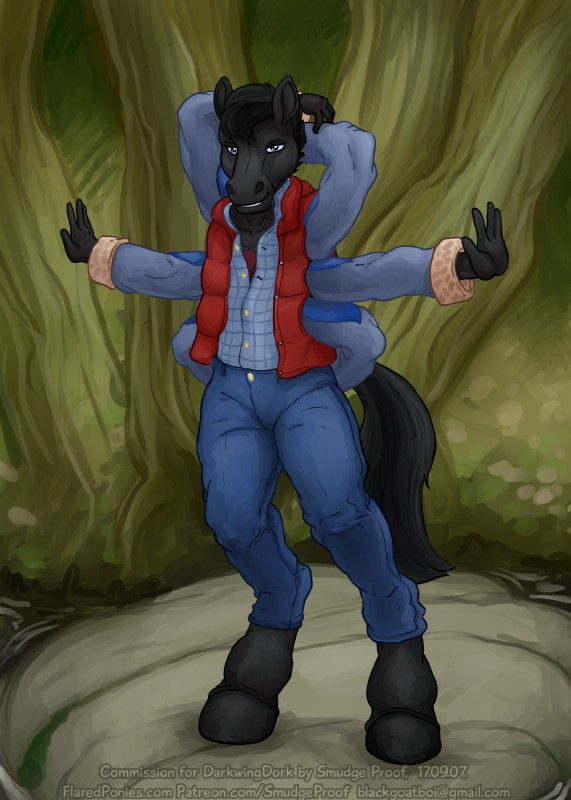 6_arms anthro bottomwear clothing cosplay denim denim_bottomwear denim_clothing detailed_background digitigrade forest hair hooves jeans looking_at_viewer multi_arm multi_limb multifur pants plant tree unguligrade water smudge_proof back_to_the_future marty equid equine horse mammal hi_res