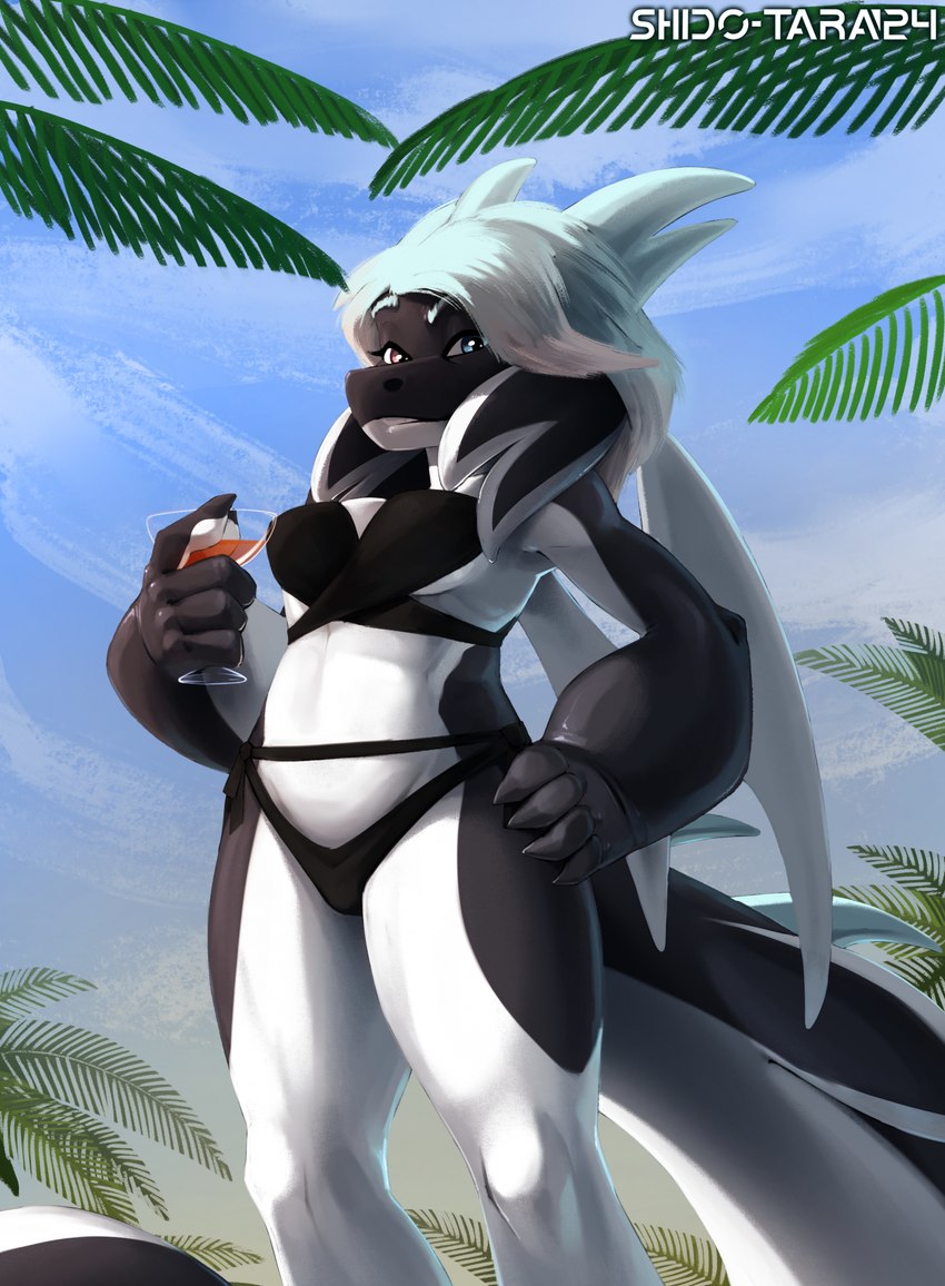 anthro bikini black_body clothing container cup drinking_glass female fin folded_wings glass glass_container glass_cup hand_on_hip horn looking_at_viewer plant sky solo standing swimwear tail tree two-piece_swimsuit white_body wine_glass wings conditional_dnp shido-tara mythology jaiden_(rainbowscreen) cetacean dolphin dragon hybrid mammal marine mythological_creature mythological_scalie oceanic_dolphin orca scalie toothed_whale hi_res