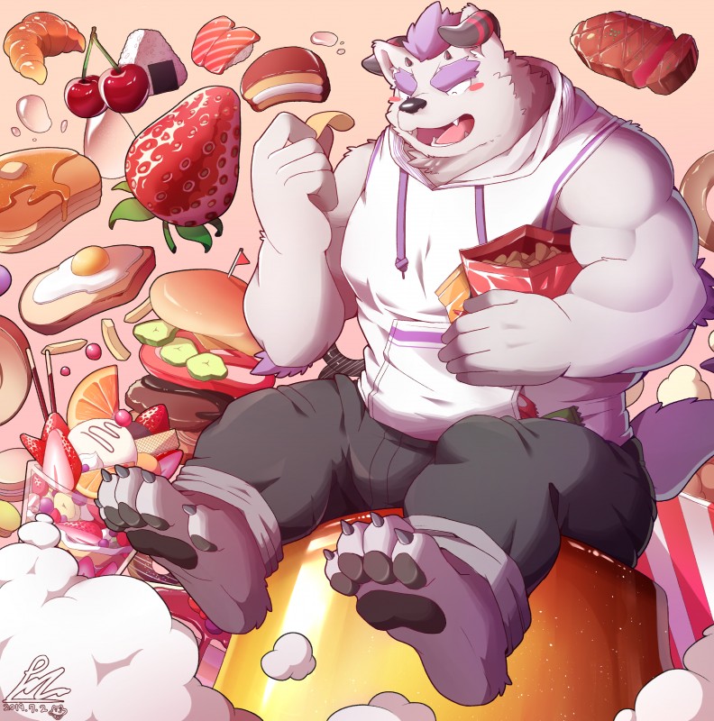 anthro big_muscles bottomwear candy cherry clothed clothing dessert food fruit fur hair male muscular muscular_anthro muscular_male one_eye_closed open_mouth plant purple_hair solo strawberry topwear park_draw lifewonders tokyo_afterschool_summoners behemoth_(tas) canid canine mammal 2019 absurd_res hi_res signature