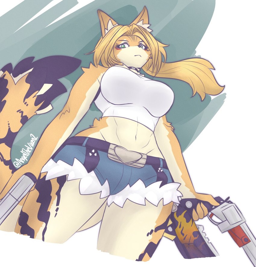 anthro big_breasts blonde_hair breasts clothing female fur green_eyes gun gunblade hair handgun pistol ranged_weapon solo topwear weapon white_clothing white_topwear yellow_body yellow_fur angelthevixen mihoyo zenless_zone_zero pulchra_(zenless_zone_zero) felid mammal hi_res