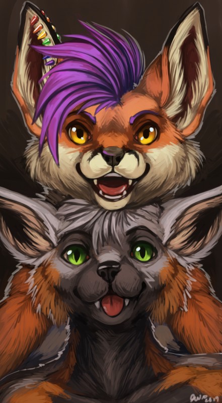 anthro duo ear_piercing ear_stud hair looking_at_viewer piercing purple_hair smile quirachen light_df zion_fox canid canine cross_fox fox mammal red_fox true_fox absurd_res hi_res