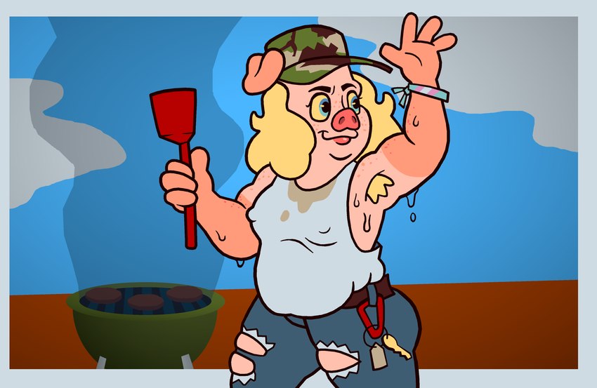 anthro armpit_hair baseball_cap blonde_hair blue_eyes bodily_fluids body_hair bottomwear burger camo camo_clothing camo_hat camo_headgear camo_headwear camo_print carabiner clothing denim denim_bottomwear denim_clothing ears_through_headwear farmers_tan female food freckles grill hair hat headgear headwear jeans lgbt_pride nipple_outline outside pants pattern_clothing pattern_hat pattern_headgear pattern_headwear pink_body pink_skin pride_colors shirt slightly_chubby smoke solo spatula suntan sweat sweat_stain sweaty_armpit tan_line tank_top tools topwear torn_bottomwear torn_clothing torn_jeans torn_pants transgender_pride_colors beanwater paris_porchetta_(beanwater) domestic_pig mammal suid suina sus_(pig) absurd_res hi_res trans_(lore)