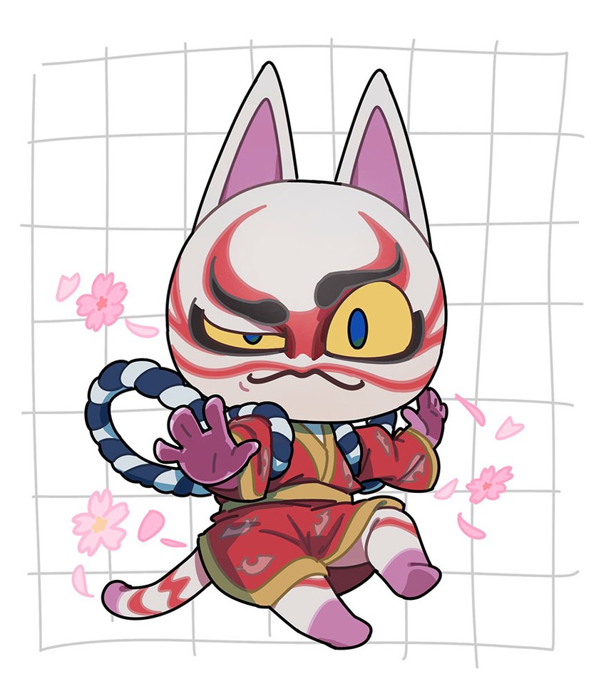 anthro asian_clothing blue_eyes bodypaint chibi clothing east_asian_clothing face_paint fur japanese_clothing kabuki_(theatre) kimono male solo white_body white_fur yellow_sclera kopa_nishikida animal_crossing nintendo kabuki_(animal_crossing) domestic_cat felid feline felis mammal