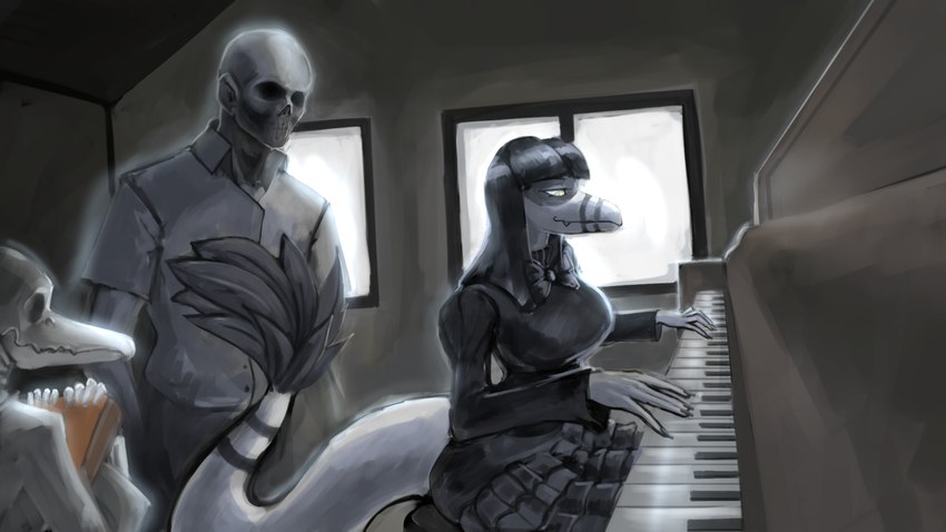 alternate_costume alternative_fashion anthro big_tail black_hair bone breasts claws clothing detailed_background dress dress_shirt eyelashes feathers female finger_claws group hair inside j-fashion keyboard_instrument lolita_(fashion) long_hair male musical_instrument piano scales shirt sitting skeleton smile snout tail tail_tuft topwear trio tuft white_body white_scales yellow_eyes chervyarts cavemanon_studios i_wani_hug_that_gator snoot_game anon_(snoot_game) lunara_(iwhtg) bambiraptor dinosaur dromaeosaurid feathered_dinosaur feathered_scalie ghost prehistoric_species reptile scalie spirit theropod 16:9 2024 absurd_res digital_drawing_(artwork) digital_media_(artwork) hi_res widescreen