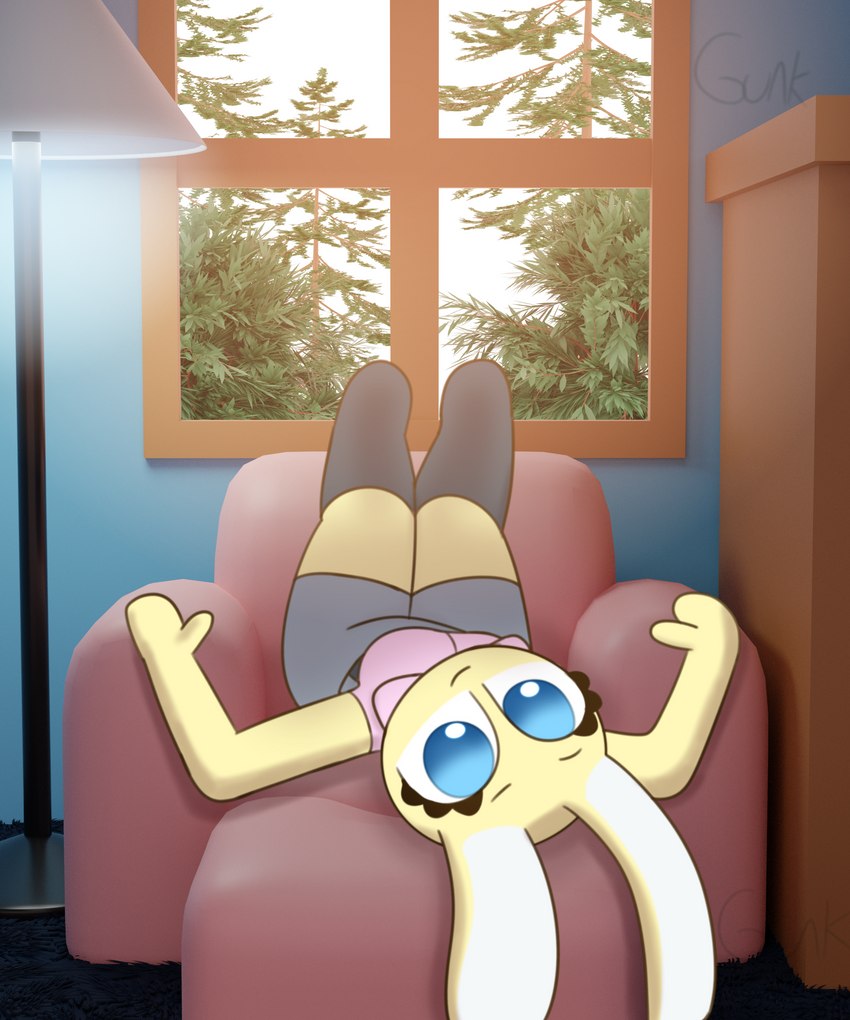 3d_background anthro blue_eyes bottomwear breasts carpet chair clothing eyelashes female footwear fur furniture knee_highs knee_socks lamp legs_up legwear long_ears looking_at_viewer lying on_back pink_clothing pink_shirt pink_topwear plant shirt shorts socks sofa solo topwear tree white_body white_fur window yellow_body yellow_fur guak amy_hope_(guak) humanoid lagomorph leporid mammal rabbit 3d_(artwork) 5:6 absurd_res digital_media_(artwork) hi_res