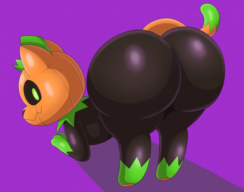 all_fours ambiguous_gender ass_up bent_over big_butt black_body butt feral for_a_head glistening glistening_body green_eyes looking_at_viewer orange_head orange_tail plant presenting presenting_hindquarters pumpkin_head purple_background simple_background solo tail thick_thighs mechspazer pumkat domestic_cat elemental_creature felid feline felis flora_fauna mammal object_head 2019 colored digital_media_(artwork)