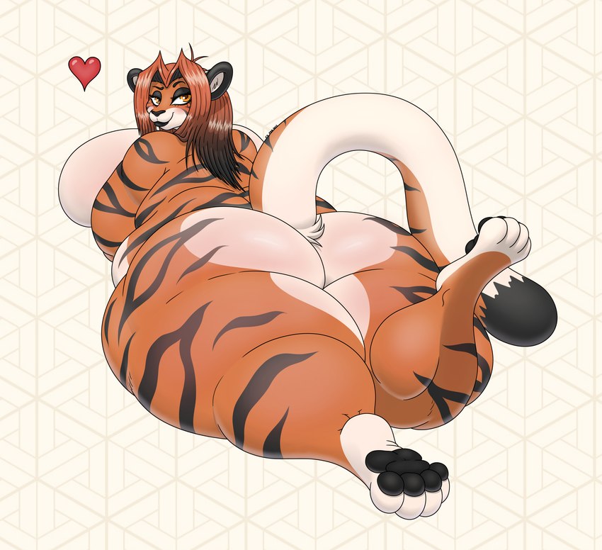 anthro breasts butt female hair heart_symbol lips overweight solo thick_bottom_lip f-thefirst felid mammal pantherine tiger absurd_res hi_res