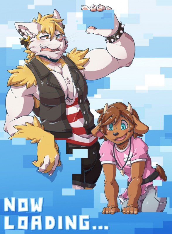 2_horns 5_fingers anthro biceps black_bottomwear black_clothing black_nose black_shorts blonde_hair blue_eyes bottomwear bracelet breast_pockets brown_body brown_fur brown_hair bulge clothed clothing duo ear_piercing fangs fingers fur hair heterochromia holding_object horn jewelry leaning_on_object loading_screen male muscular muscular_anthro muscular_male necklace open_mouth pattern_clothing pattern_shirt pattern_tank_top pattern_topwear pawpads piercing pink_clothing pink_pawpads pink_shirt pink_t-shirt pink_tongue pink_topwear scut_tail shirt short_tail shorts spiked_bracelet spikes striped_clothing striped_shirt striped_tank_top striped_topwear stripes t-shirt tail tank_top teeth tongue topwear vest white_body white_fur young myiko furloid utau bai-f0 waltt bovid caprine domestic_cat felid feline felis goat mammal 2018 absurd_res digital_media_(artwork) hi_res