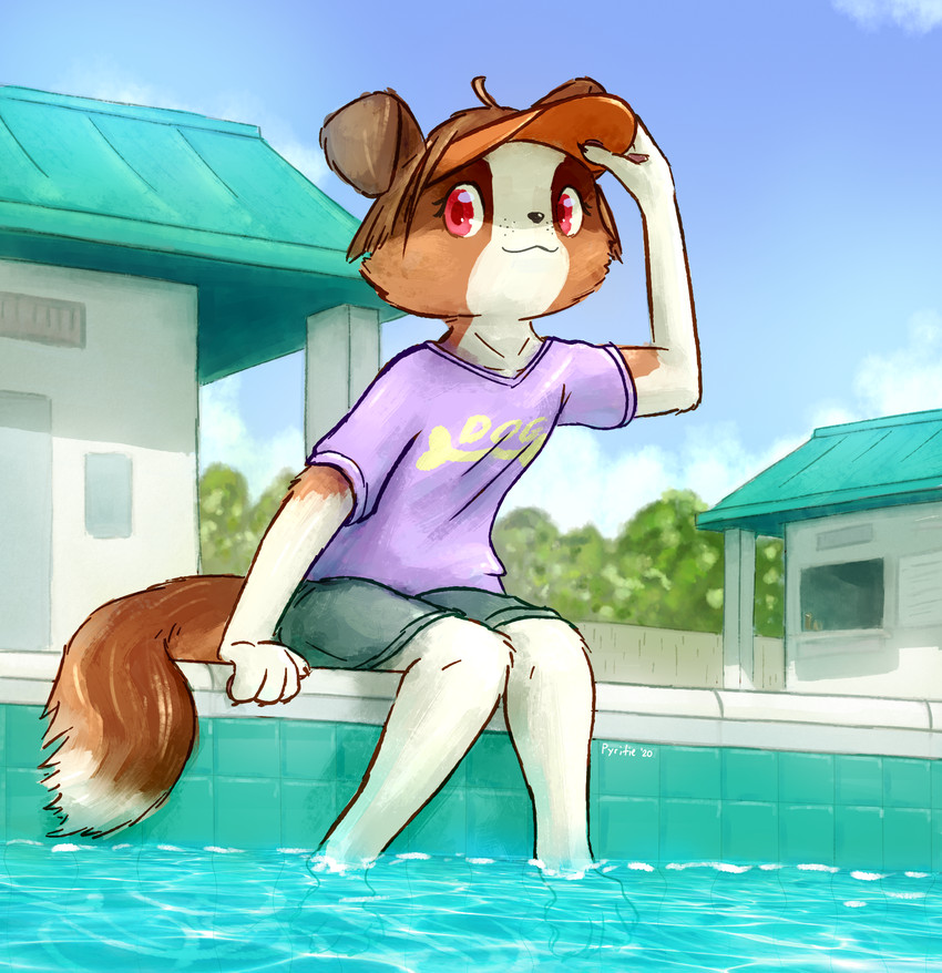 anthro bottomwear brown_body brown_fur brown_hair building clothed clothing cloud female fur hair headgear kemono looking_at_viewer outside paws red_eyes shirt shorts sky smile solo swimming_pool tan_body tan_fur topwear visor water pyritie canid canine canis domestic_dog mammal 2020 digital_media_(artwork) hi_res