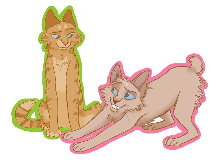 ambiguous_gender blue_eyes canon_couple duo eye_contact feet feral fur grin looking_at_another looking_down looking_up outline paws pink_nose quadruped short_tail simple_background sitting smile striped_body striped_fur stripes tail tan_body tan_fur whiskers white_background graystripe64 warriors_(book_series) berrynose_(warriors) honeyfern_(warriors) domestic_cat felid feline felis mammal tabby_cat 2010 female_(lore) male_(lore)