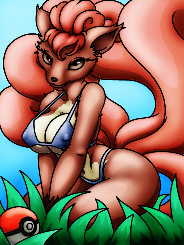 anthro anthrofied big_breasts bikini breasts cleavage clothed clothing erect_nipples eyelashes female multi_tail navel nipple_outline nipples pokeball pokemorph smile solo standard_pokeball swimwear tail two-piece_swimsuit happyanthro nintendo pokemon canid canine generation_1_pokemon mammal pokemon_(species) vulpix 2016 3:4 absurd_res hi_res