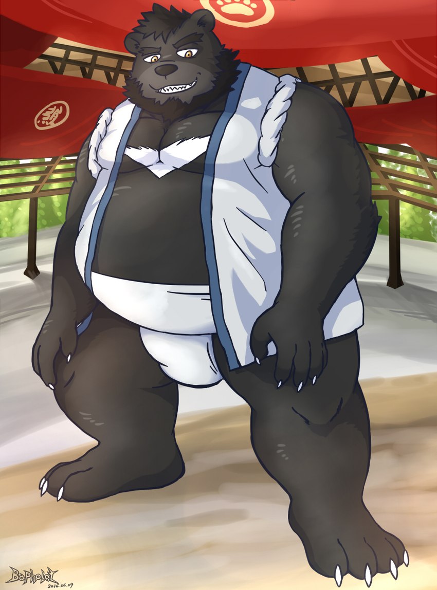 anthro asian_clothing belly big_belly black_body black_nose clothing east_asian_clothing humanoid_hands japanese_clothing kemono male mawashi overweight overweight_male solo sumo topwear vest mtflying30371 bear mammal 2016 hi_res