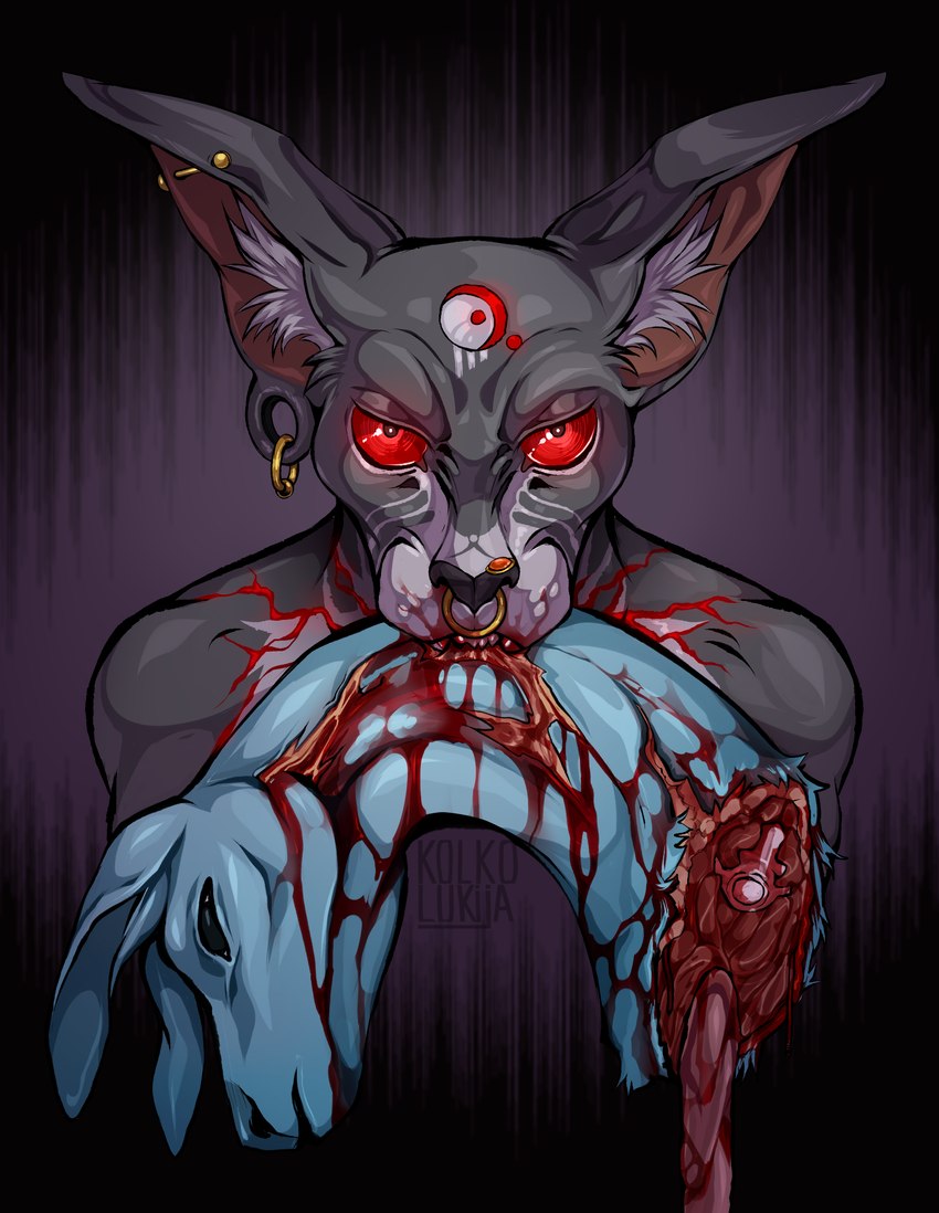 anthro blood bodily_fluids death decapitation duo facial_piercing female feral flesh food gore male male/female meat nose_piercing nose_ring piercing ring_piercing throat bode kolkolukija domestic_cat felid feline felis mammal oriental_shorthair predator_(disambiguation) absurd_res hi_res