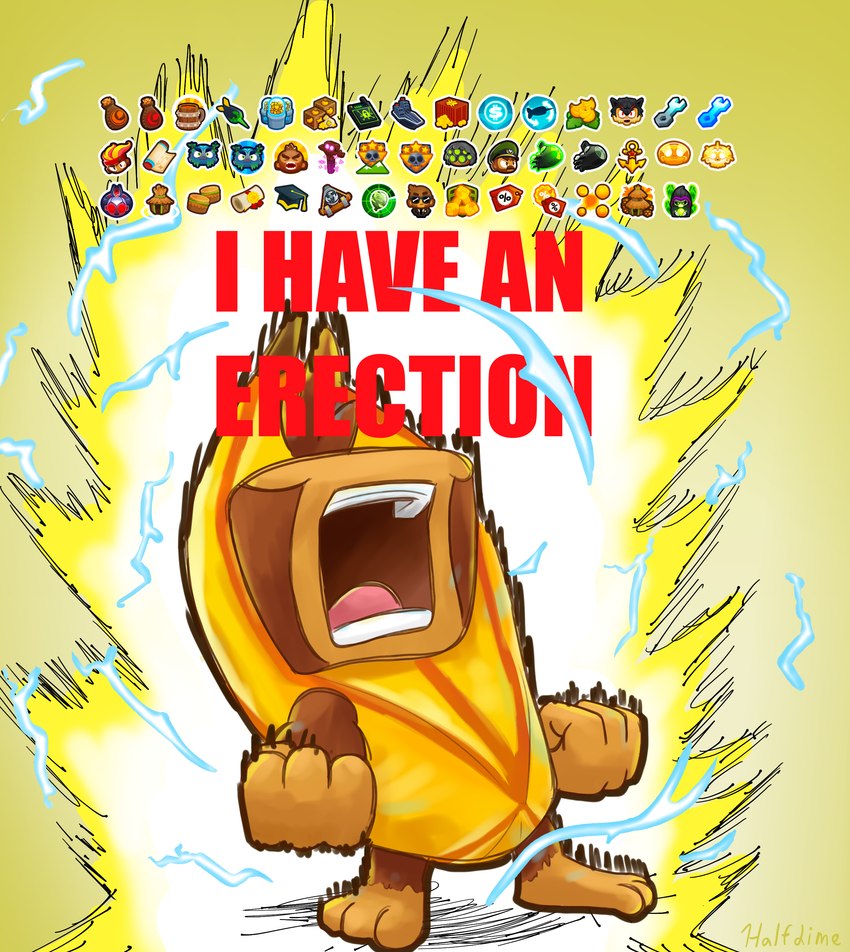 anthro banana_costume brown_body brown_fur clothing costume fists_clenched fur male power-up screaming solo super_saiyan tan_body tan_fur teeth text half_dime bloons_tower_defense ninja_kiwi banana_farmer_(bloons_tower_defense) haplorhine mammal monkey primate absurd_res hi_res meme