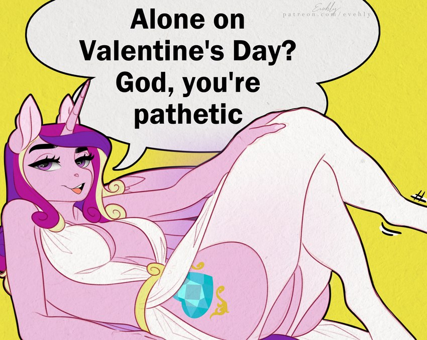 anthro anthrofied breasts clothed clothing cutie_mark dialogue female hair holidays horn legwear long_hair lying motion_lines multicolored_hair on_back pink_body solo speech_bubble stockings text thick_thighs thigh_highs unicorn_horn wings evehly friendship_is_magic hasbro my_little_pony mythology valentine's_day princess_cadance_(mlp) equid equine mammal mythological_creature mythological_equine winged_unicorn absurd_res english_text hi_res signature url