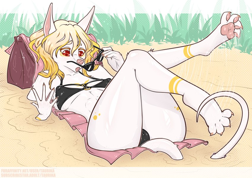 anthro bikini black_bikini black_clothing black_swimwear blonde_hair clothing eyewear female hair lying quicksand red_eyes sand scared solo sunglasses swimwear two-piece_swimsuit white_body conditional_dnp taurika canid canine mammal