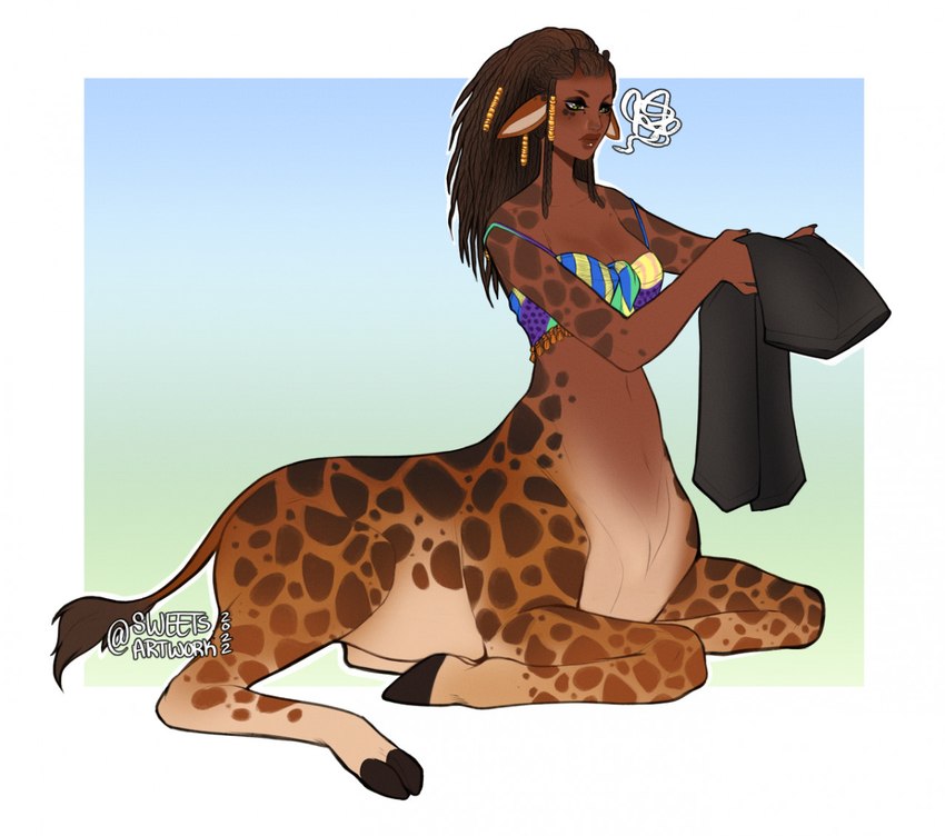 bra breasts clothing dark_body dark_skin female fur green_eyes hooves horn markings ossicone sitting solo spots spotted_body spotted_fur tail tail_tuft tuft underwear sweetburn giraffe giraffe_taur giraffid giraffid_taur mammal mammal_taur taur