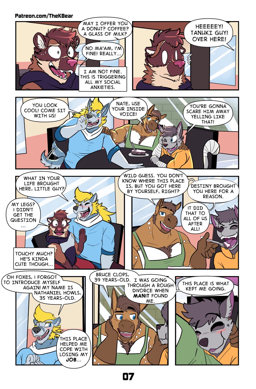 anthro dialogue dialogue_box male slightly_chubby slightly_chubby_anthro slightly_chubby_male speech_bubble text thekinkybear bruce_clops comet_stars nathan_howls will_whiskers canid canine canis domestic_cat equid equine felid feline felis horse mammal raccoon_dog tanuki wolf absurd_res comic english_text hi_res url