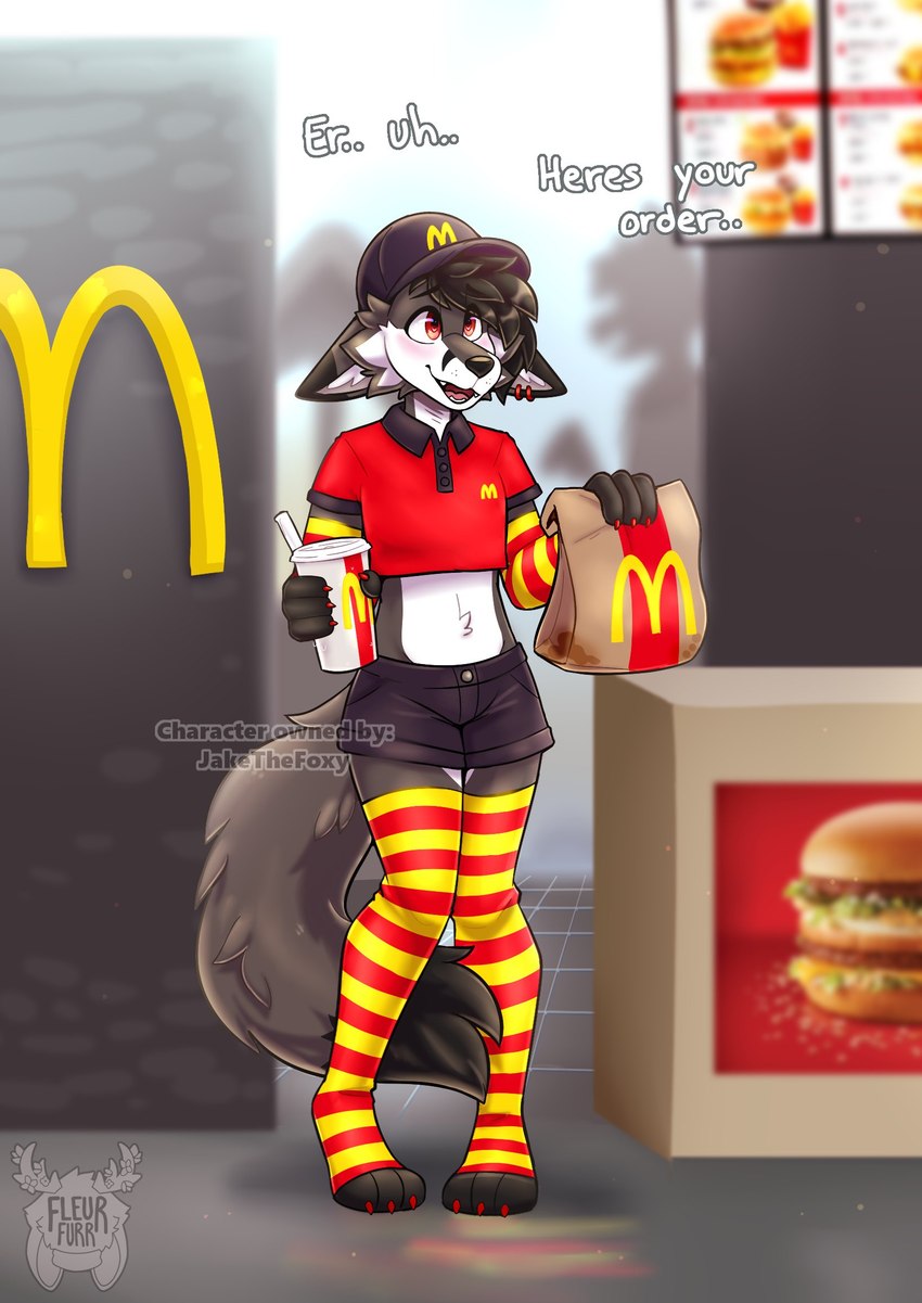 anthro beverage black_hair blush bottomwear burger claws clothed clothing crop_top ear_piercing feet femboy food footwear fully_clothed hair hat headgear headwear hindpaw inside knock-kneed legwear long_socks male multicolored_clothing multicolored_footwear multicolored_legwear multicolored_socks multicolored_thigh_highs multicolored_thigh_socks pattern_clothing pattern_footwear pattern_legwear pattern_socks pattern_thigh_highs pattern_thigh_socks paws piercing red_clothing red_footwear red_legwear red_socks red_thigh_highs red_thigh_socks shirt shorts socks soda soda_cup solo striped_clothing striped_footwear striped_legwear striped_socks striped_thigh_highs striped_thigh_socks stripes text text_on_clothing text_on_hat text_on_headwear text_on_shirt text_on_topwear thigh_highs thigh_socks toe_claws toeless_footwear toeless_socks topwear two_tone_clothing two_tone_footwear two_tone_legwear two_tone_socks two_tone_thigh_highs two_tone_thigh_socks yellow_clothing yellow_footwear yellow_legwear yellow_socks yellow_thigh_highs yellow_thigh_socks fleurfurr mcdonald's canid canine canis domestic_dog mammal digital_media_(artwork) english_text hi_res shaded