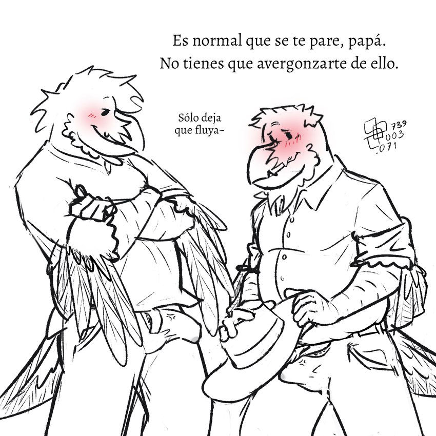 age_difference anthro anthro_on_anthro beak beak_scar beard belly blush blush_lines bodily_fluids bottomwear bulge clothing covering covering_crotch covering_self crossed_arms detailed_bulge dialogue dot_eyes dress_shirt duo embarrassed erection facial_hair feather_beard feather_hair feathers genital_fluids genital_outline hat headgear headwear looking_at_genitalia male male/male musclegut muscular nervous nervous_smile older_male pants penis_outline precum pseudo_hair shirt simple_background slightly_chubby slightly_chubby_male smile smiling_at_viewer standing t-shirt text topwear vein white_background younger_male cerdeorhys gonzalo_(cerdeorhys) hernan_(cerdeorhys) avian bird corvid corvus_(genus) oscine passerine raven 1:1 hi_res spanish_text translated father_(lore) father_and_child_(lore) father_and_son_(lore) incest_(lore) parent_(lore) parent_and_child_(lore) parent_and_son_(lore) son_(lore)