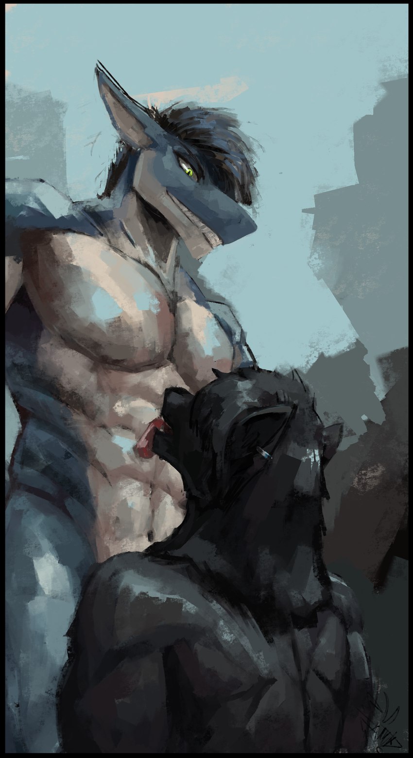 anthro black_border border duo licking male male/male smile three-quarter_view tongue vekyn kodi_(kodits) canid canine canis fish mammal marine shark wolf 2024 digital_media_(artwork) digital_painting_(artwork) hi_res painting_(artwork) shaded simple_shading