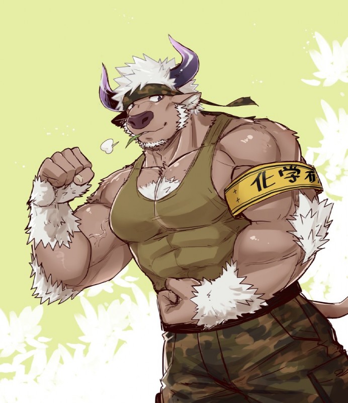 abs accessory anthro arm_fur armband biceps biped body_hair brown_body brown_fur chest_hair clothed clothing facial_hair flexing fur hair headband horn male muscular muscular_anthro muscular_male pecs shirt solo tank_top text text_on_armwear text_on_clothing topwear white_hair luwei_(artist) lifewonders tokyo_afterschool_summoners shennong_(tas) bovid bovine cattle mammal 2019