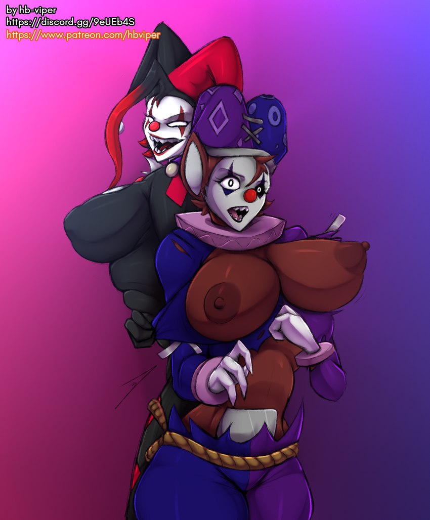 antennae_(anatomy) areola big_areola big_breasts black_sclera bodysuit bouncing_breasts breast_jiggle breasts clothing clown clown_nose duo eyelashes female fingers fool's_hat fur gloves gradient_background grey_body grey_skin hair handwear hat headgear headwear humanoid_pointy_ears jester jiggling midriff nipples not_furry pale_body pale_skin pointy_ears red_body red_fur red_hair sharp_teeth simple_background skinsuit smile standing surprised_expression teeth tight_clothing tongue torn_clothing white_body white_eyes white_skin hb-viper slendytubbies teletubbies fan_character humanoid teletubby 2020 digital_media_(artwork) hi_res signature