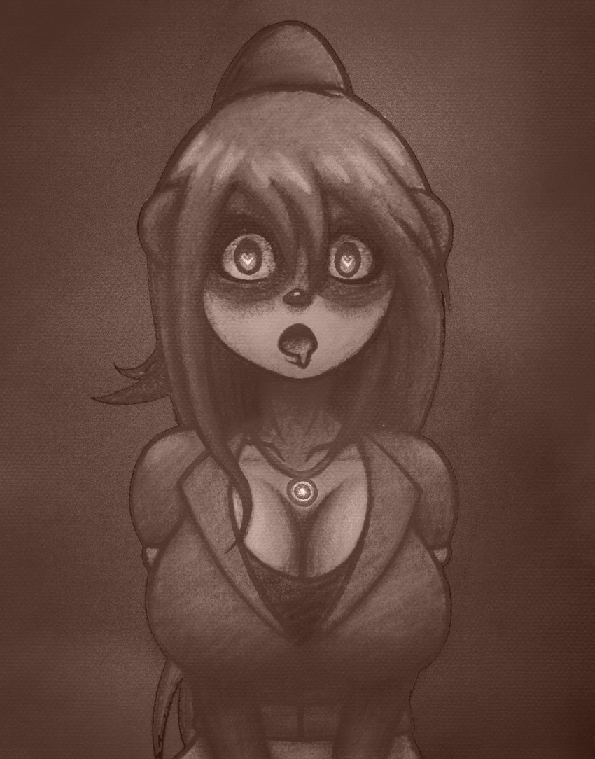 aged_up anthro big_breasts breasts clothed clothing female fur hair heart_eyes heart_symbol hypnosis jewelry mind_control open_mouth pendant ponytail simple_background solo httpwwwcom blizzard_entertainment warcraft li_li_stormstout bear mammal pandaren 2019 absurd_res digital_media_(artwork) half-length_portrait hi_res monochrome orange_and_white portrait sepia